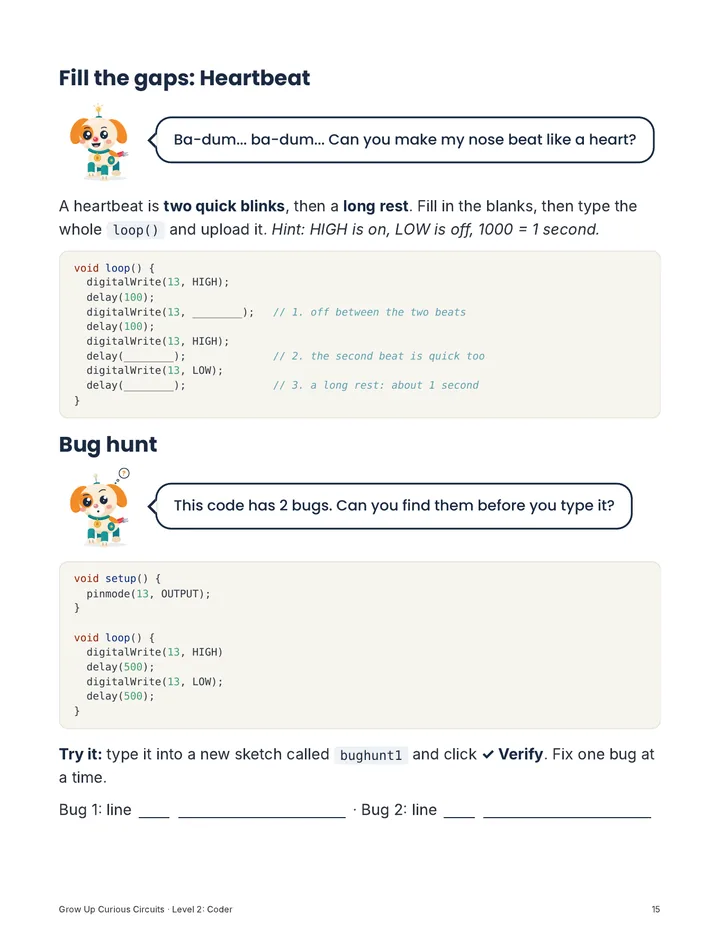 Coder, Fill the gaps and Bug hunt page for Mission 1